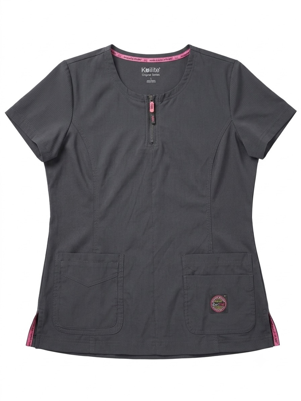 Koi Lite Women's Charcoal Zip-Front Scrub Top with Pink Accents size medium